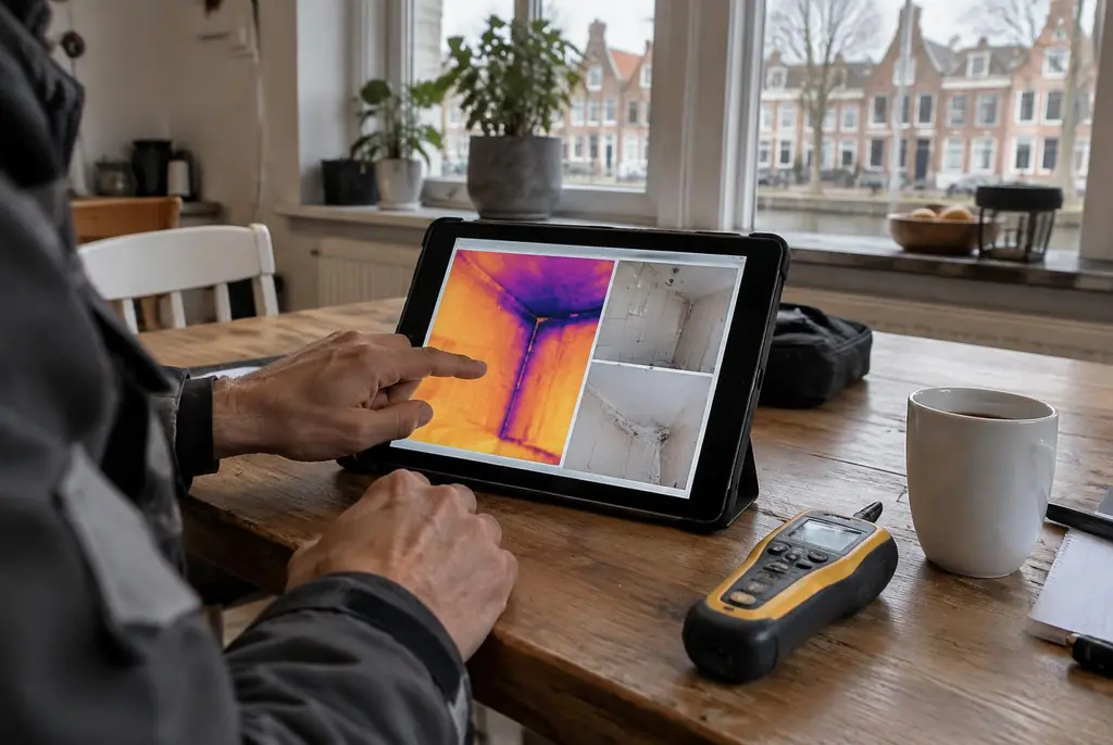 Lekdetectie Vaassen – lekdetectierapport met warmtebeelden en foto's op een tablet
