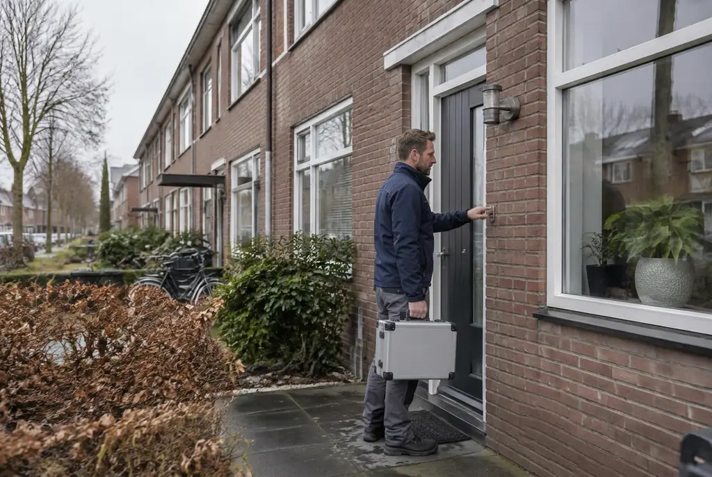Lekdetectiespecialist met meetkoffer bij de voordeur van een woning in Vaassen